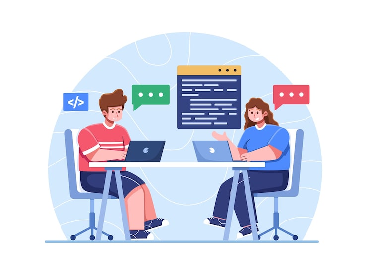 Vector people working and discussing with programming code. programmer and coding engineer work in group.