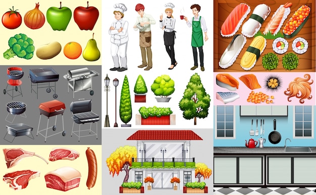 People working in food business and different kinds of food