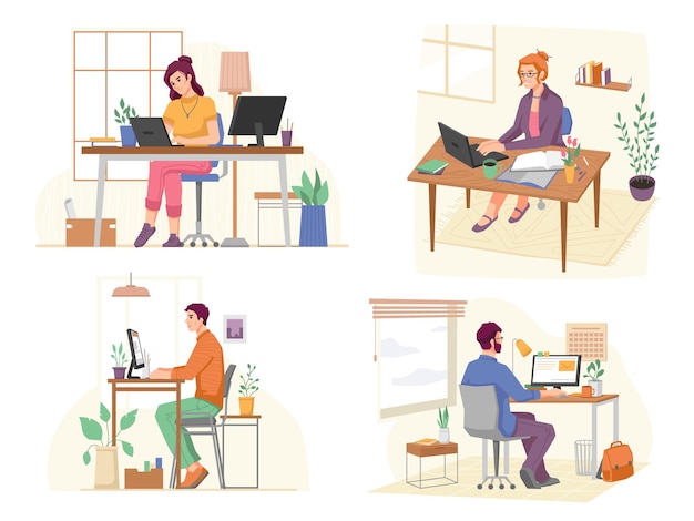 Vector people working in home office different angles