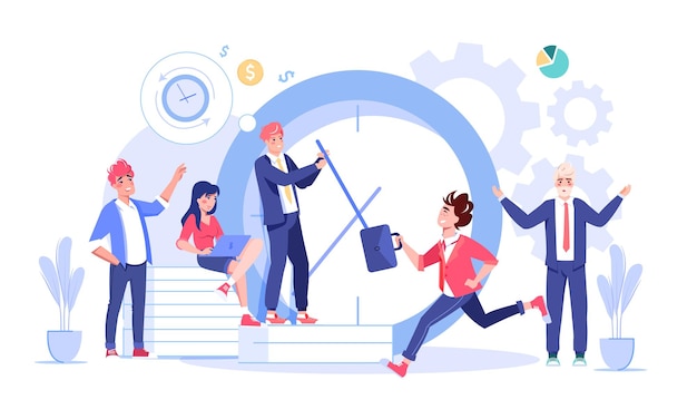 Vector people working over huge clock vector illustration