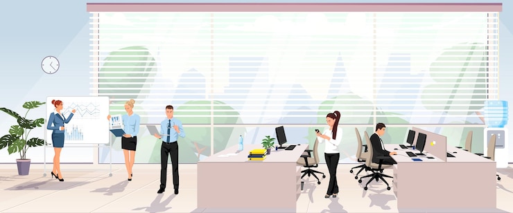 Vector 現代の明るいオフィスで働く人々 金融ビジネス会社のワークスペース水平バナー 男性女性従業員コンピューターを備えた職場上司マネージャーがスタッフに情報を報告ベクトルイラスト