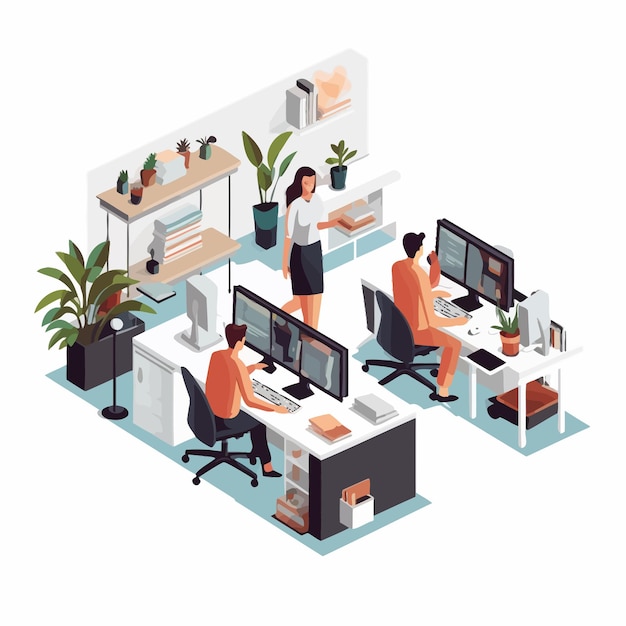 Vector people working in the office desk work banner illustration isometric