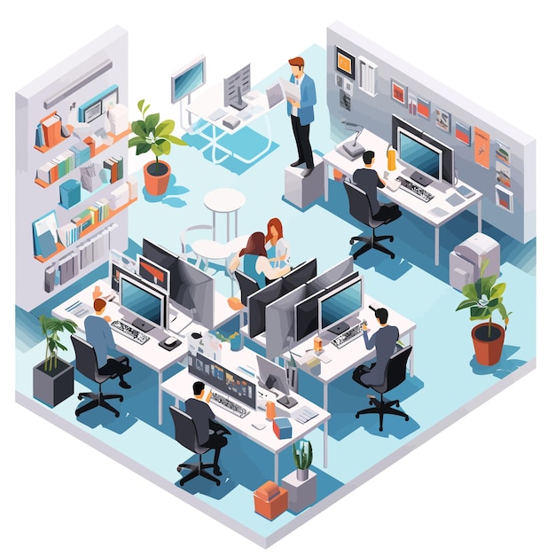 Vector people working in the office desk work banner illustration isometric