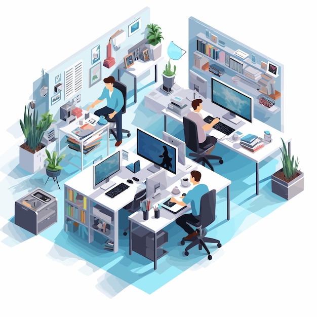 Vector people working in the office desk work banner illustration isometric