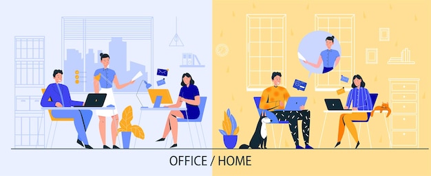 People working at the office and at home