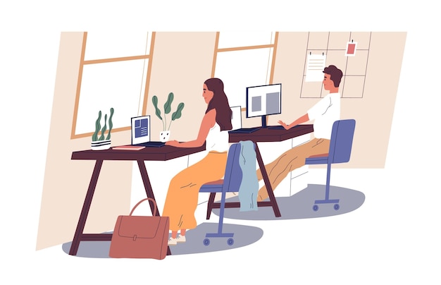 Vector people working in office. man and woman sitting at desks with laptop and computer. workplace with modern interior. daily routine. everyday company life. colorful flat vector illustration.