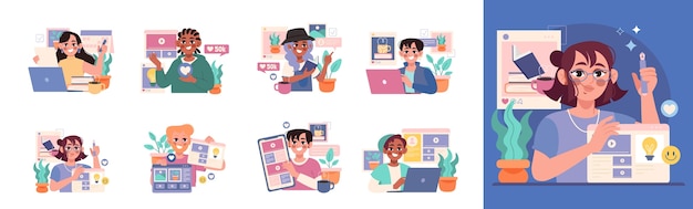 People working online icons and illustration set