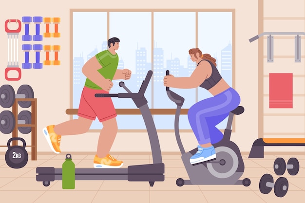 people working out at the gym on treadmill and stationary bike