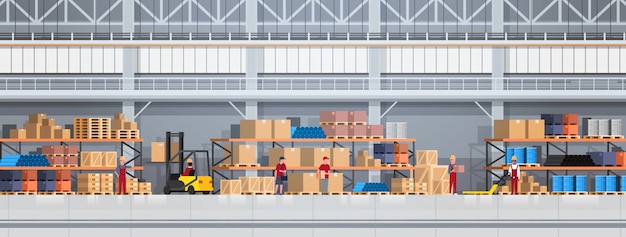 People Working In Warehouse Lifting Box With Forklift. Logistic Delivery Service Concept Horizontal illustration