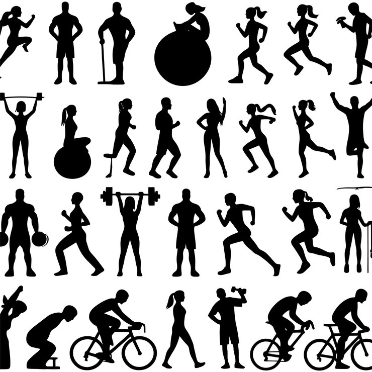 Vector people workout in black and white silhouette collection set
