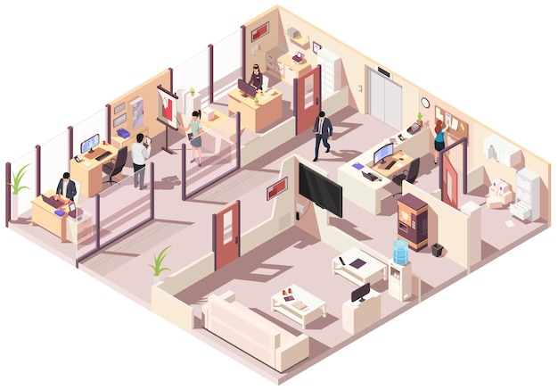 Vector people workplace in office isometric design company employees man and woman team work together in comfortable modern cabinet business center floor interior inside with furniture vector illustration