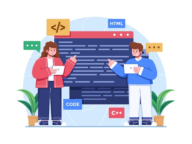 Vettore le persone scrivono codice insieme per sviluppare un'applicazione o un sito web. team di sviluppatori di programmatori.