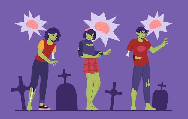 Gente zombie al cimitero concetto uomo e donna verdi vicino alle tombe vogliono mangiare cervelli halloween vacanze e festival spaventosi fantasia e immaginazione illustrazione vettoriale piatta cartone animato