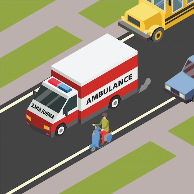 Vettore le persone sono aperte per l'ambulanza urgente che si precipita sulla strada per l'illustrazione dell'ospedale