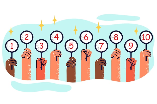 Peoples hands with plates with numbers from one to ten are designed to evaluate results competition