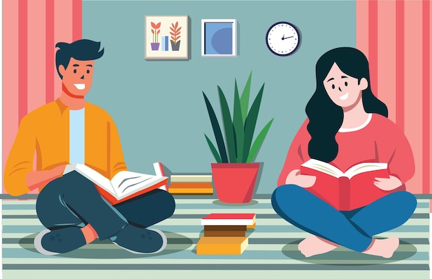 人々が部屋で本を読む フラットイラスト