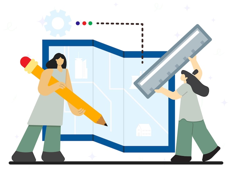 Vector peoples using pencil and ruler to drawing sketch of urban city house and factory