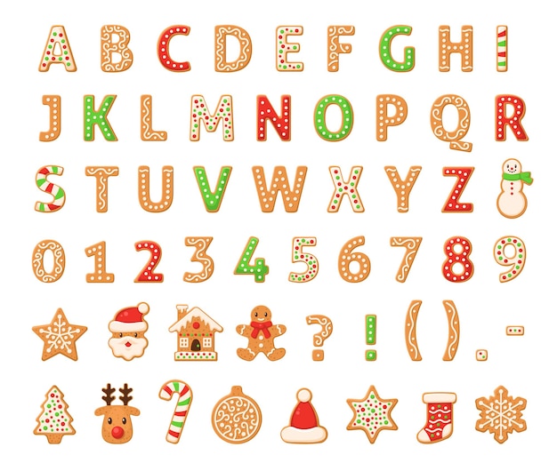 Peperkoek alfabet. Prettige kerstdagen en gelukkig nieuwjaar cijfers versierd met suiker geglazuurde Engelse letters, cijfers, abc zelfgemaakte zoete traditionele koekjes wintervakantie voedsel vector geïsoleerde set