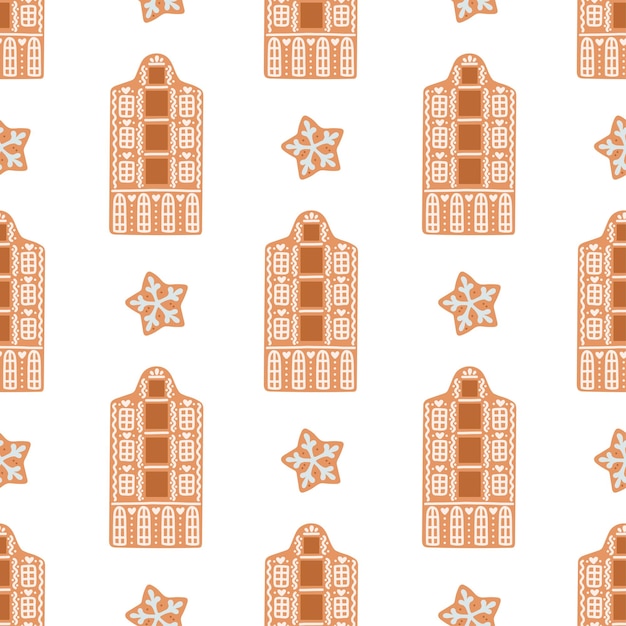Peperkoek Kerst naadloze patroon huis cookies geïsoleerd op witte vectorillustratie