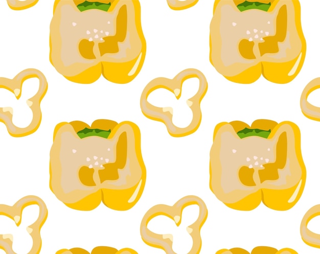 Pepper cut in half and a piece of yellow bell pepper Seamless pattern in vector Natural product