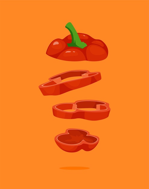 Pepper cut into pieces on an orange background Vector illustration