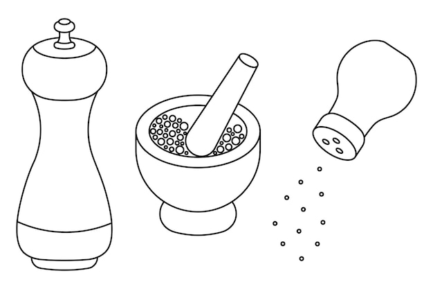 ベクトル ペッパーミル スパイスすり鉢とソルトインソルトシェーカー 落書き風調理調味料セット
