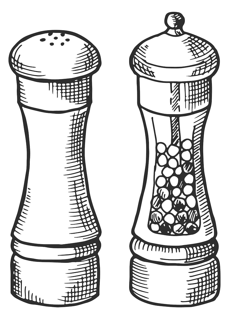 Vector pepper and salt shaker engraving food spice sketch