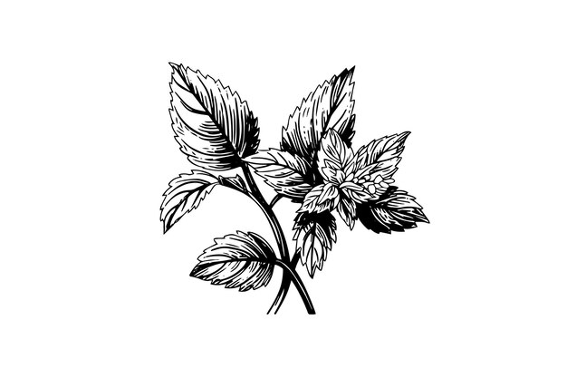 Vector peppermint sketch mint leaves branches and flowers engraving style vector illustration