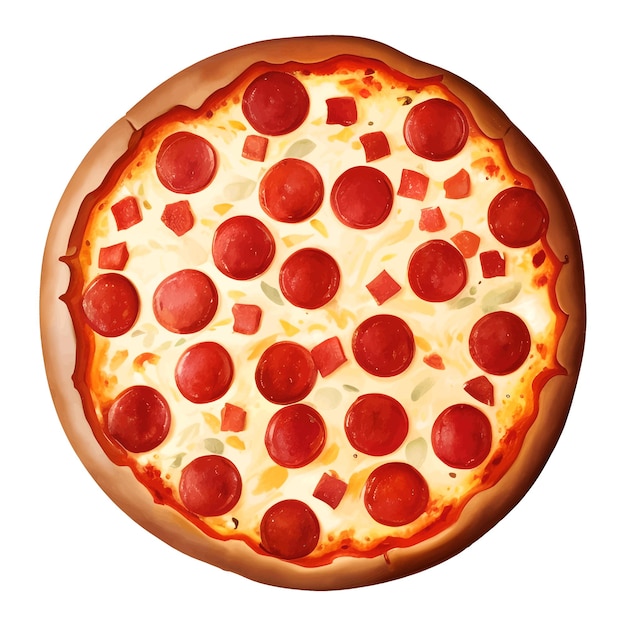 Pepperoni cheese pizza top view isolated detailed hand drawn painting illustration
