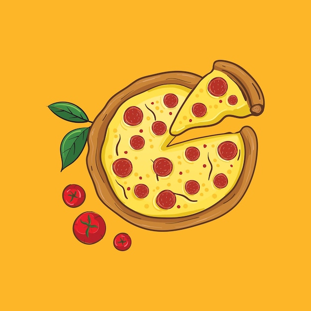Pepperoni-pizza met afgesneden stuk in cartoonstijl vectorillustratie