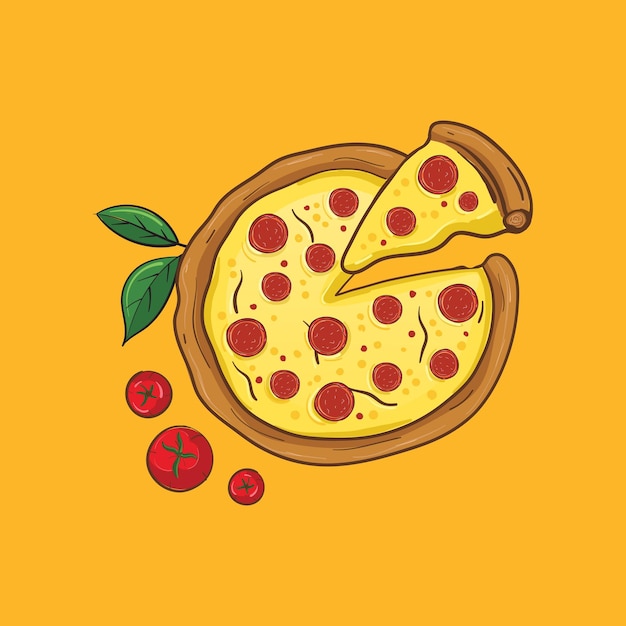 Pizza ai peperoni con pezzo tagliato in stile cartone animato illustrazione vettoriale