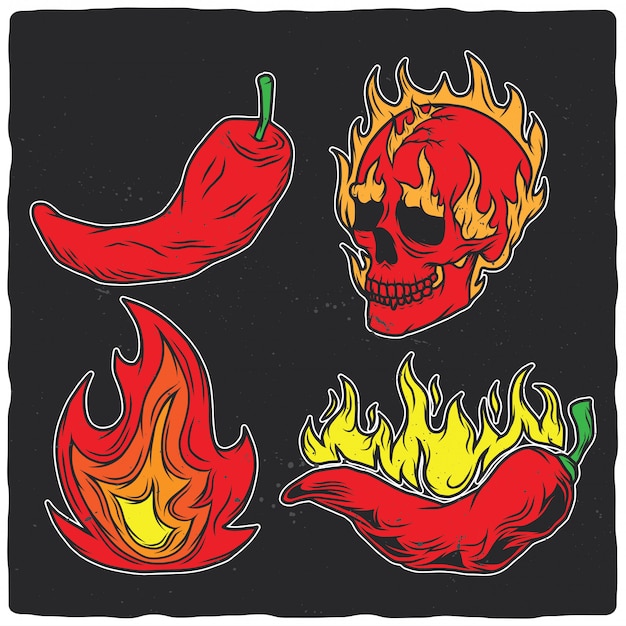 Peppers, fire and skull on fire