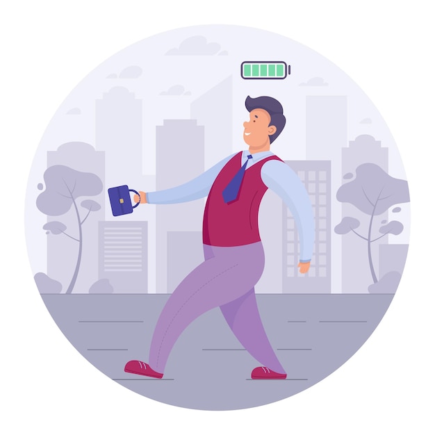 Peppy office worker walks through the city. Happy man. Flat character. Vector illustration