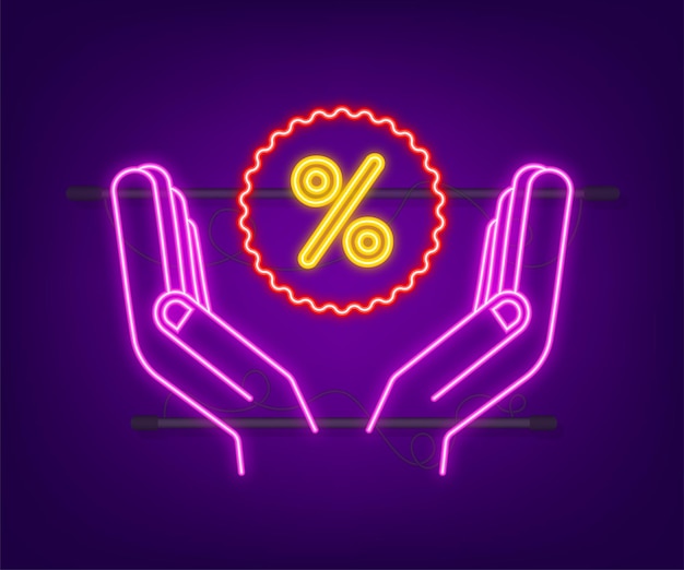 Percent neon icon in hands in 3d style. vector drawing. percent sign. vector icon.