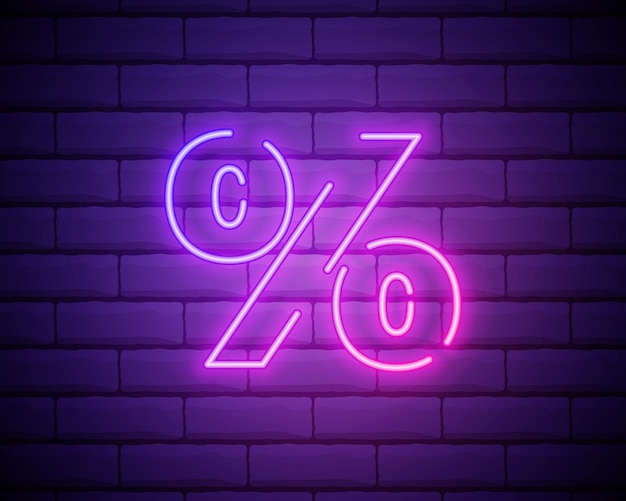 Percent neon sign color sale neon banner on brick wall special offers discount night symbol realistic bright signboard illuminated neon frame vector illustration