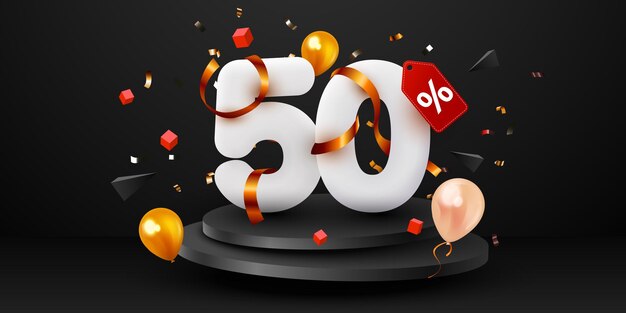 percent off black friday sale composition with decorative objects balloons golden confetti podium di...