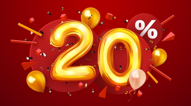 Vector percent off discount creative composition d golden sale symbol with decorative balloons and confetti...