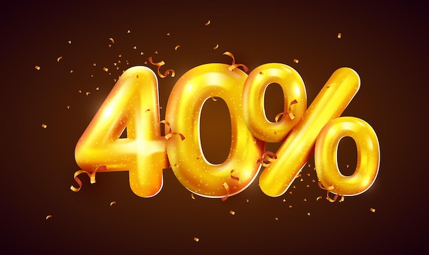 percent off discount creative composition of golden balloons mega sale or forty percent bonus symbol with confetti sale banner