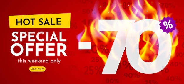 Percent off hot sale banner with burning numbers discount poster