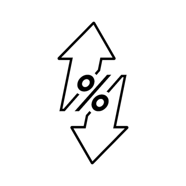 Icona della linea su e giù della freccia della percentuale freccia della percentuale con il segno della percentuale concetto di design per la finanza del tasso di interesse del credito bancario e la sfera del denaro