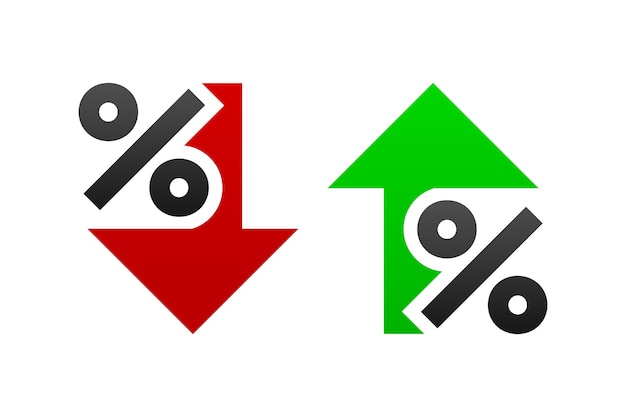 Freccia percentuale con segno di percentuale freccia percentuale su e giù icone concetto per la finanza del tasso di interesse del credito bancario e la sfera del denaro illustrazione vettoriale