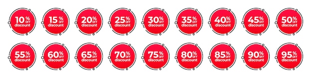 Коллекция значков дисконтных кругов в процентах набор красных этикеток для продажи