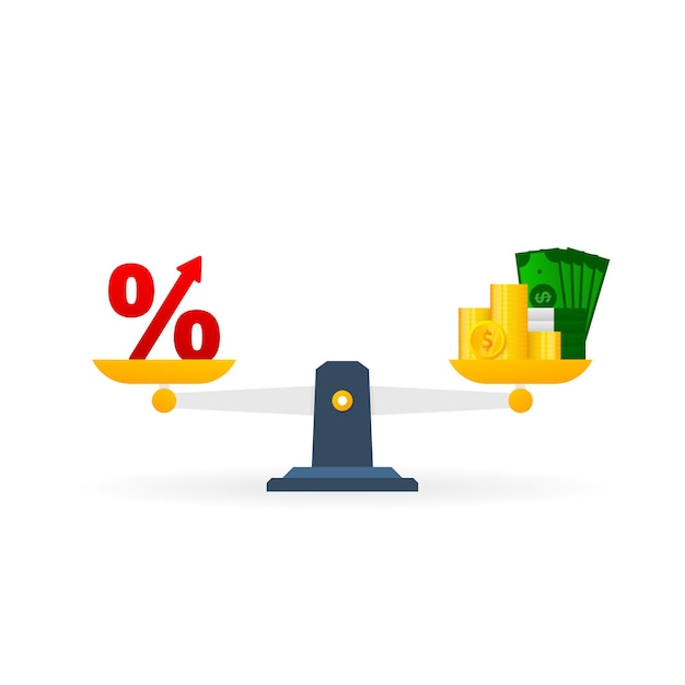 Percentage en geld schalen pictogram salaris en voordeel evenwicht concept platte vectorillustratie