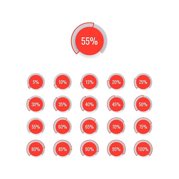 Vector percentage piechart with red round infographic elements with realistic shadow on a white background