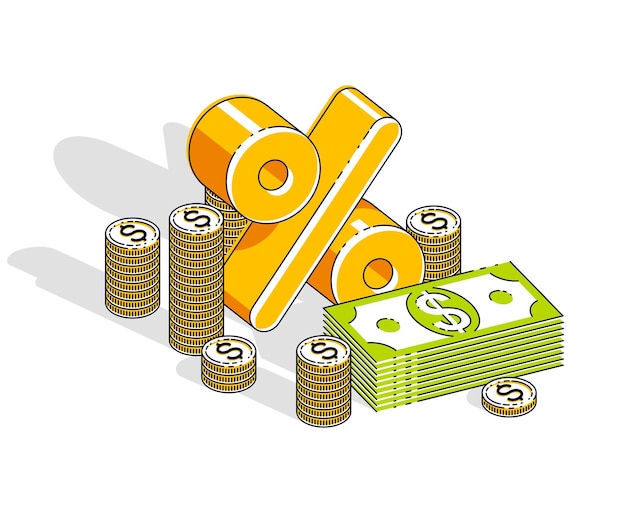 Percentage rate earnings income concept, percent dimensional symbol with cash money stack isolated on white background. Vector 3d isometric business and finance illustration, thin line design.