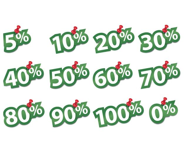 Percentage stickers bevestigd met een punaise. Set.