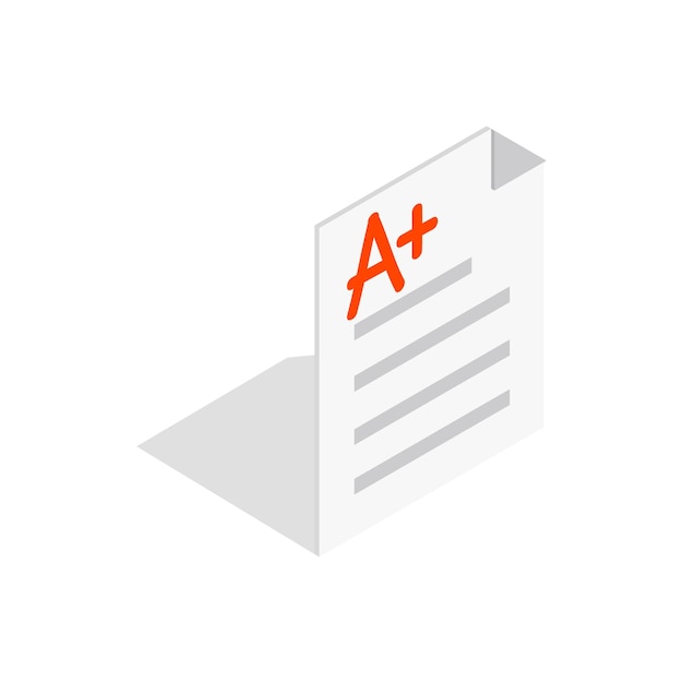 Perfect grade on a paper test icon in isometric 3d style on a white background