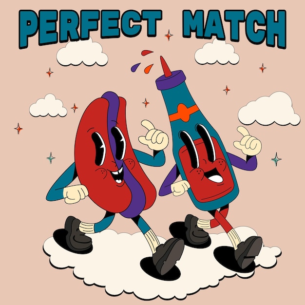 Perfect match psychedelic groovy retro cartoon hot dog and ketchup character vibrant colors