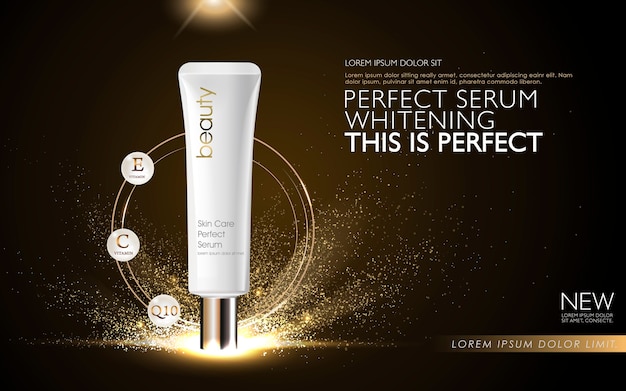 Perfect serum ads with tube packaging isolated on dark