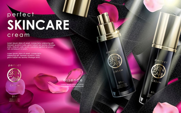 Vector perfect skincare ad contained in black bottles with rose flower petal elements valentine's day special pink background